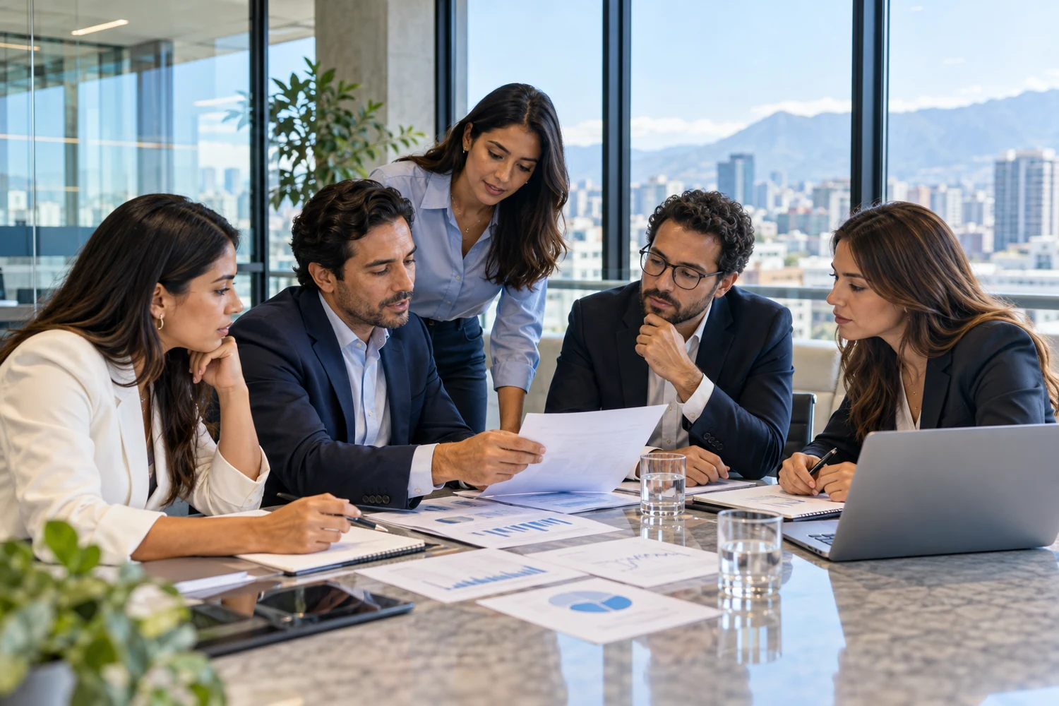 Imagen ilustrativa de profesionales analizando información en una reunión de junta